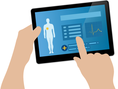 Die Illustration zeigt Hände, die ein Tablet halten, auf dem Daten zu einem Menschen wie in einer Patientenakte zu sehen sind. 