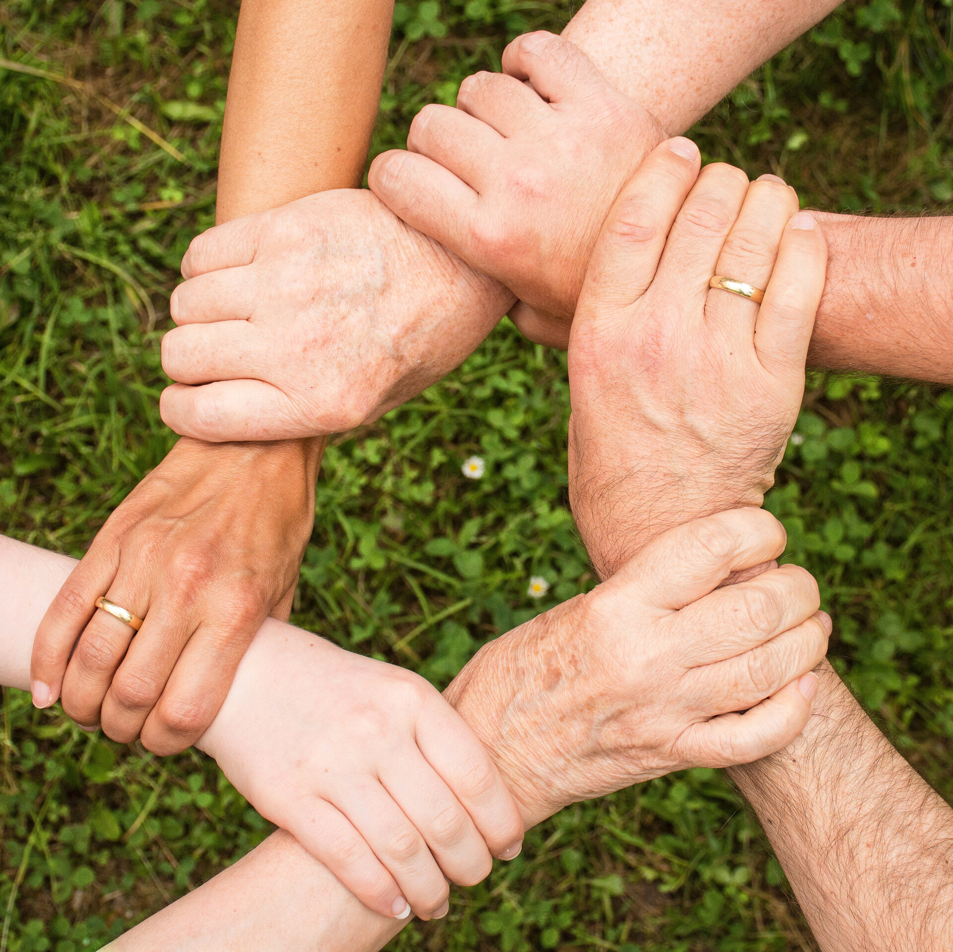 Sechs Personen greifen sich gegenseitig an die Handgelenke und geben sich Halt, indem sie sich ehrenamtlich in der Rheuma-Liga engagieren