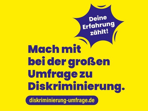 Eine Illustration zeigt den Schriftzug "Mach mit bei der großem Umfrage zur Diskriminierung".